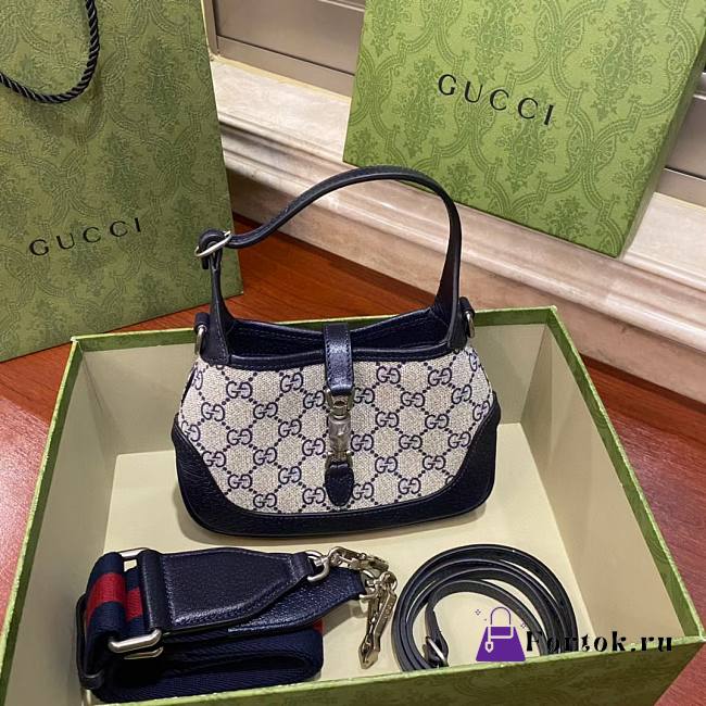 Fortok Gucci Jackie 1961 Mini Shoulder Bag Canvas Navy Blue 20×4×13cm - 1