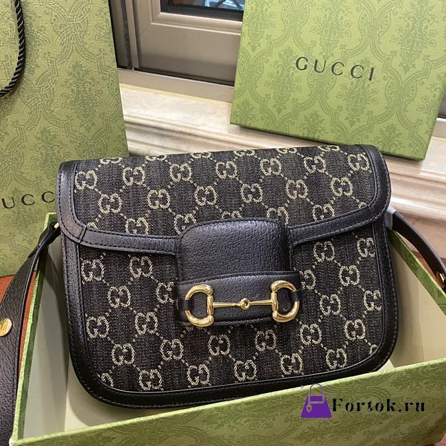 Fortok Gucci GG Horsebit 1955 shoulder bag in black denim 25x18x8cm - 1