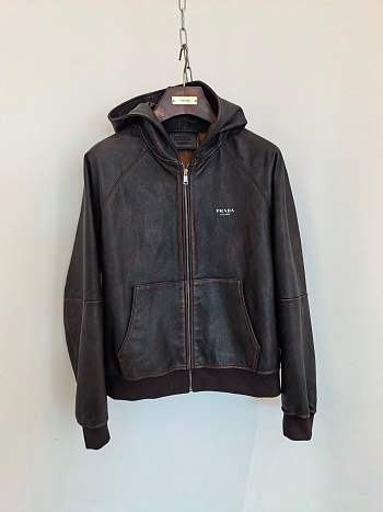 Fortok Prada Hooded Leather Jacket Brown