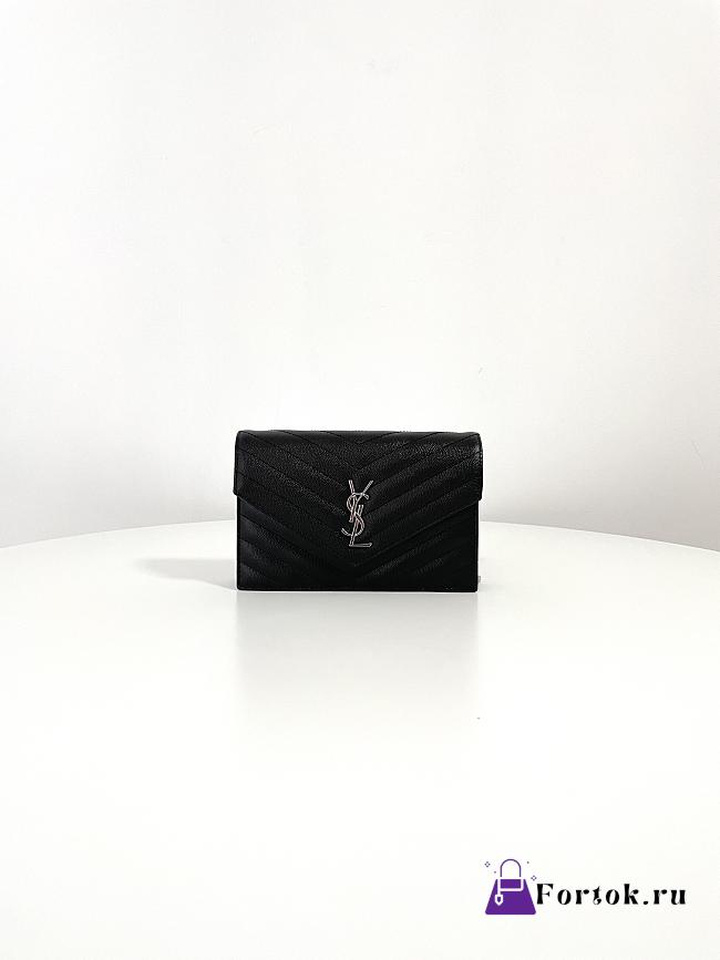 Fortok Saint Laurent Cassandre Envelope Chain Wallet Silver Hardware Black 19x12.5x3.5cm - 1