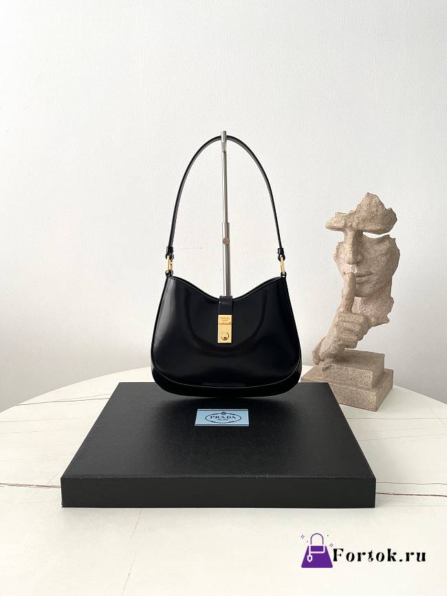 Fortok Prada Cleo brushed leather shoulder bag with clasp closure Black 22×18.5×4.5cm - 1