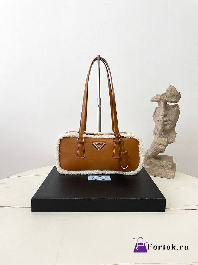 Fortok Prada medium shearling leather tote bag women Brown 27×12×6cm - 1