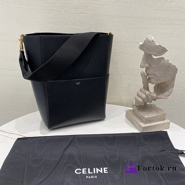 Fortok Celine Sangle Bucket Bag in Grained Calfskin Women Black 23×33×17cm - 1