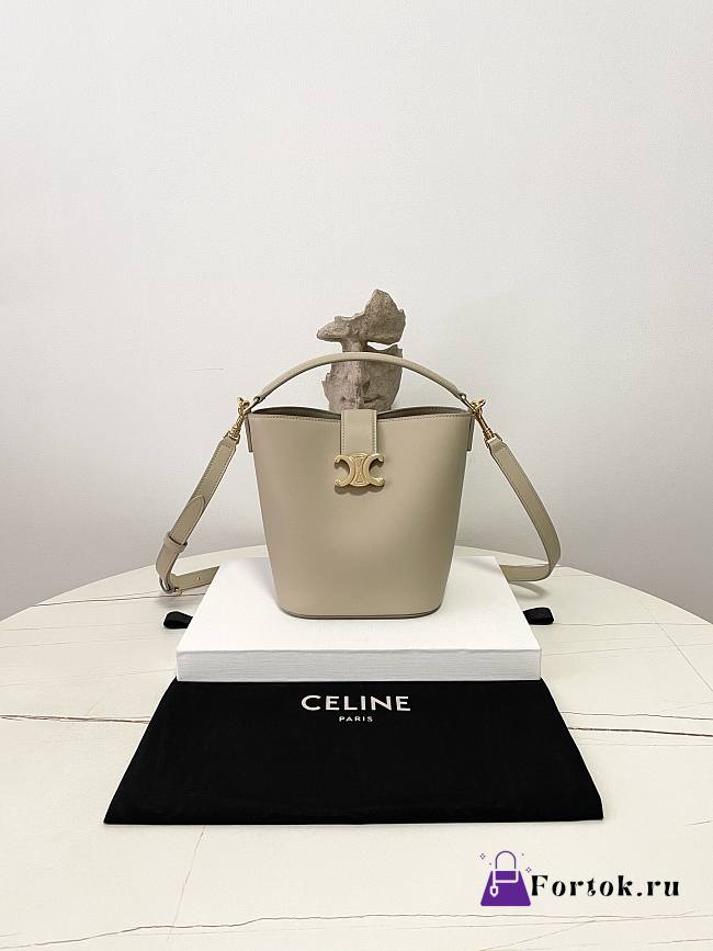 Fortok Celine Medium Bucket Louise Bag in smooth calfskin Grey 16×19×12cm - 1