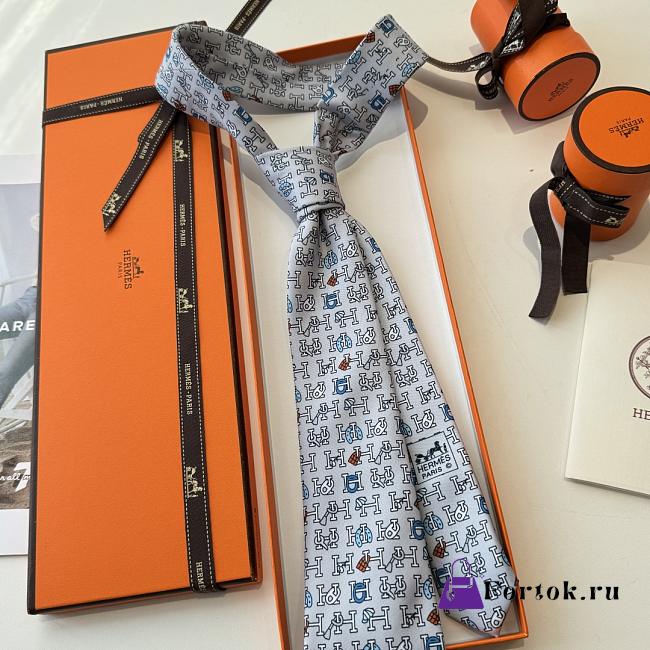 Fortok Hermès Grey Silk Printed Tie - 1
