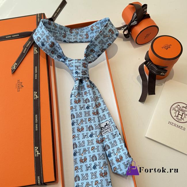 Fortok Hermès Blue Silk Printed Tie - 1