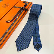 Fortok HERMES Hermes Tie Silk H-Weave Tie Navy Blue and Black  - 1