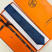 Fortok HERMES Hermes Tie Silk H-Weave Tie Navy Blue and Black  - 3