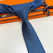 Fortok HERMES Hermes Tie Silk H-Weave Tie Navy Blue and Black  - 4
