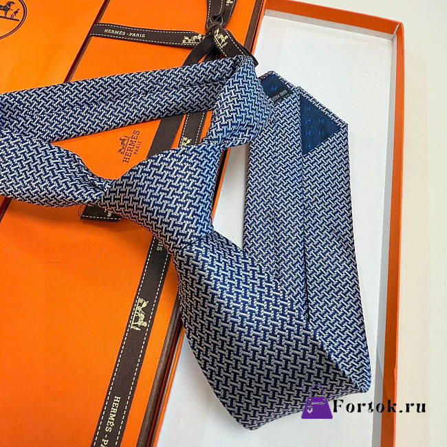 Fortok HERMES Hermes Tie Silk H-Weave Tie Navy Blue and White - 1