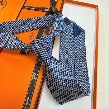 Fortok HERMES Hermes Tie Silk H-Weave Tie Navy Blue and White