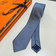 Fortok HERMES Hermes Tie Silk H-Weave Tie Navy Blue and White - 6