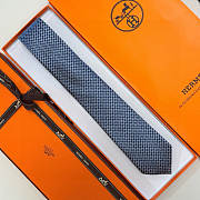 Fortok HERMES Hermes Tie Silk H-Weave Tie Navy Blue and White - 3