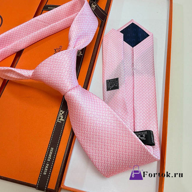 Fortok HERMES Hermes Tie Silk H-Weave Tie Pink  - 1