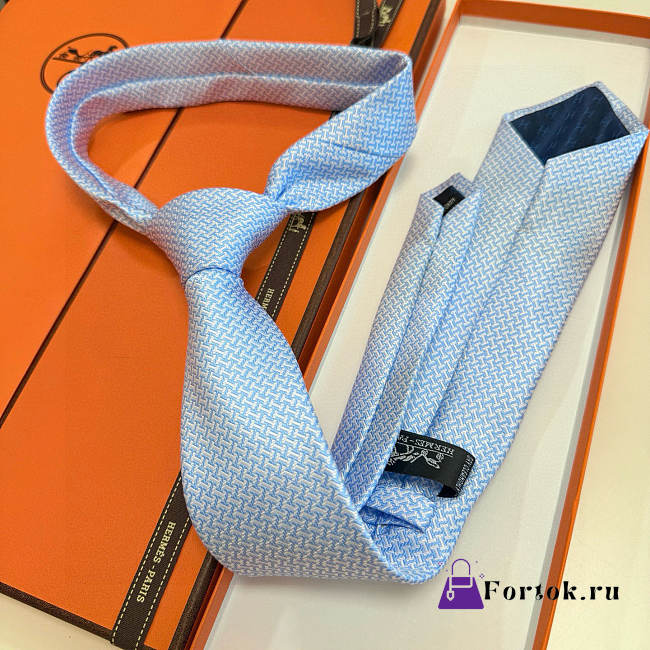 Fortok HERMES Hermes Tie Silk H-Weave Tie Light Blue - 1