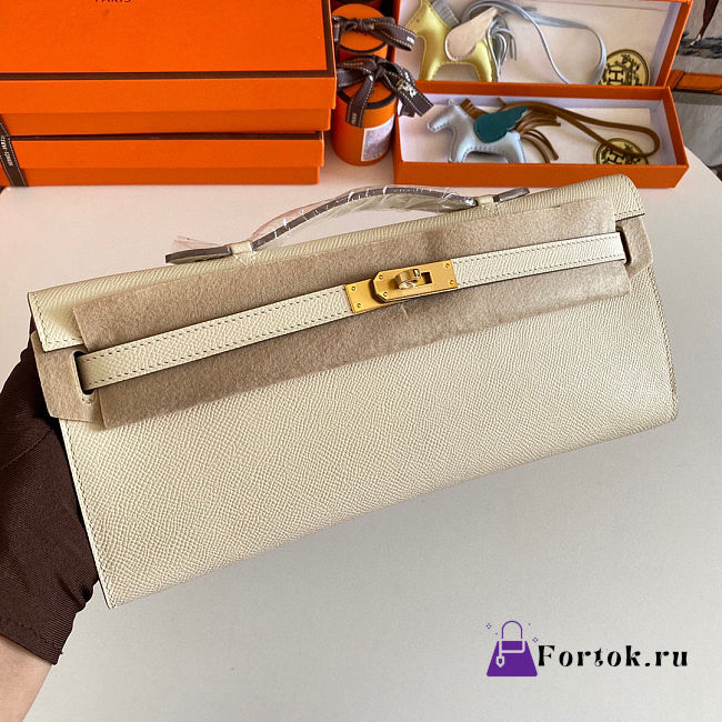 Fortok Hermes Kelly Cut Clutch Epsom Leather White Cream 31cm - 1