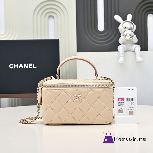 Fortok Chanel Vanity Case Bag With Chain in Beige 16×10×8cm - 1