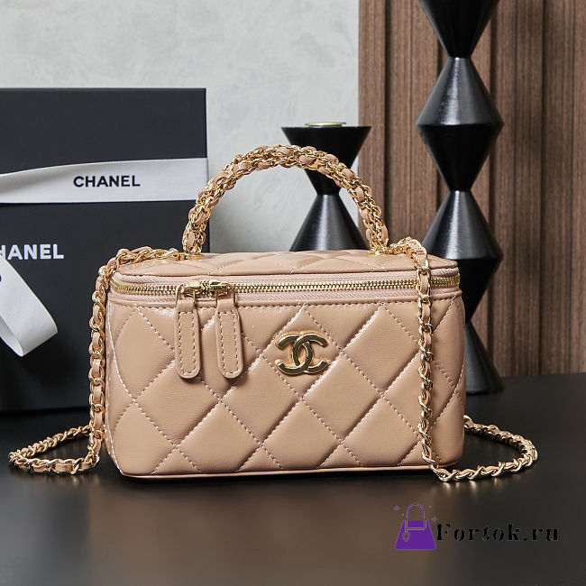 Fortok Chanel Vanity Case Bag With Chain Handle in Beige 16×10×8cm - 1