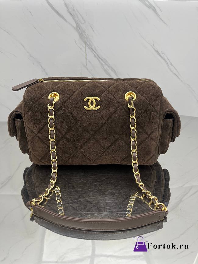 Fortok Chanel Boston bag In Dark Brown Suede 15.5*24*11.5cm - 1
