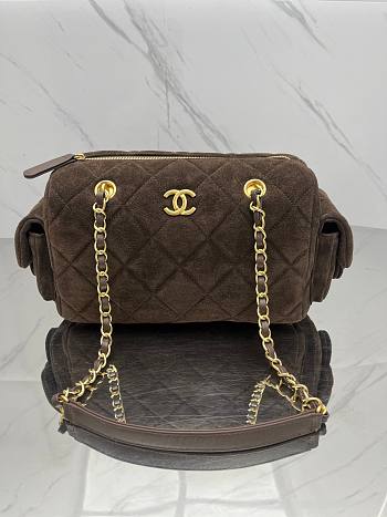 Fortok Chanel Boston bag In Dark Brown Suede 15.5*24*11.5cm