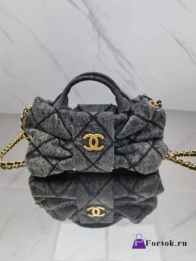 Fortok Chanel Maxi Bow Bag Washed Denim & Gold-Tone Metal Black 18*26*5*cm - 1