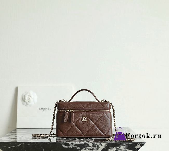 Fortok Chanel Vanity Case With Chain Top Handle Brown Caviar 19.5×17×5cm - 1