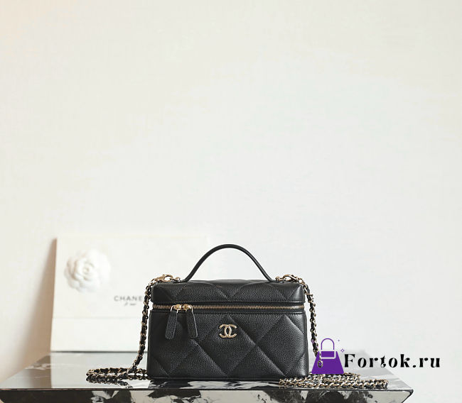 Fortok Chanel Vanity Case With Chain Top Handle Black Caviar 19.5×17×5cm - 1