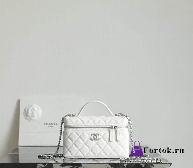 Fortok Chanel Vanity Case With Chain Top Handle White Caviar 19.5×17×5cm - 1