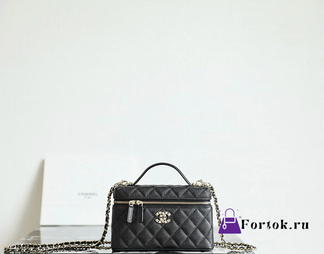 Fortok Chanel Vanity Case With Chain Top Handle CC Black Caviar 19.5×17×5cm - 1