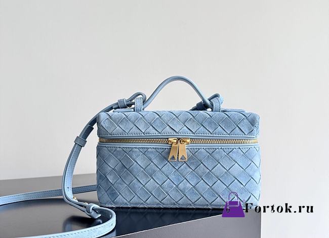 Fortok Bottega Veneta Bang Bang Intrecciato Vanity Bag In Suede Light Blue 22*12.5*5cm - 1