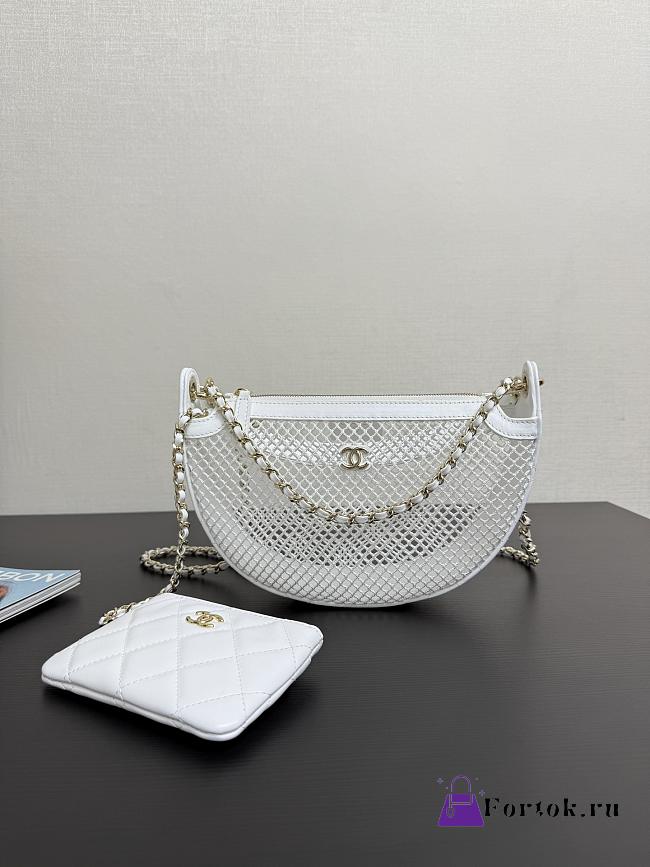 Fortok Chanel Round Clutch with Chain in white mesh and White lambskin leather 15 x 22 x 6cm - 1