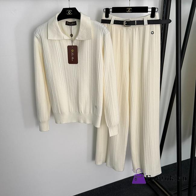Fortok Loro Piana Knit Suit Polo + high-waist straight pants with belt Cream - 1