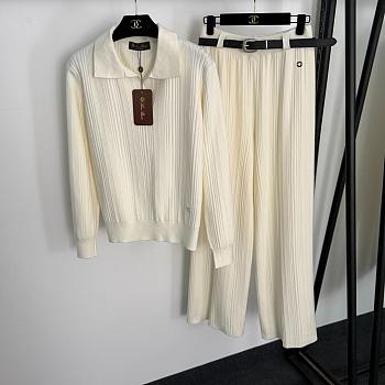 Fortok Loro Piana Knit Suit Polo + high-waist straight pants with belt Cream
