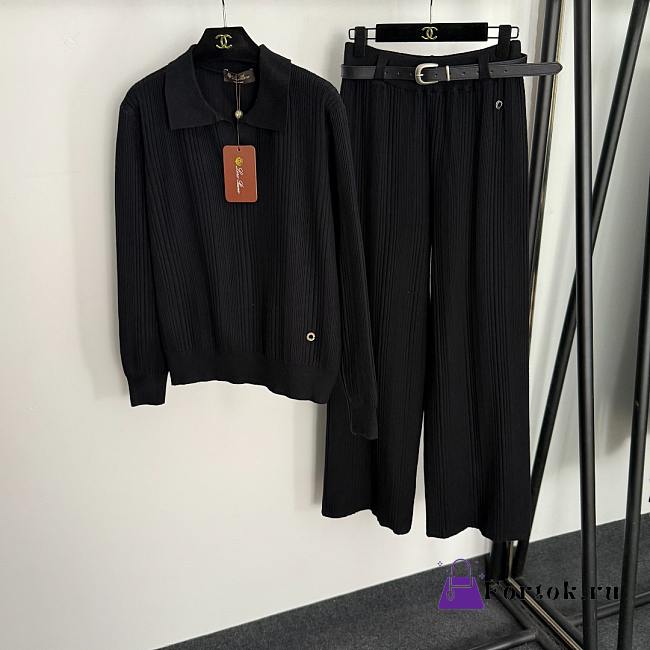 Fortok Loro Piana Knit Suit Polo + high-waist straight pants with belt Black - 1