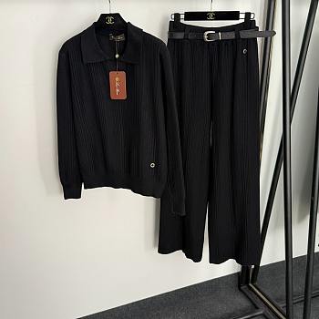 Fortok Loro Piana Knit Suit Polo + high-waist straight pants with belt Black