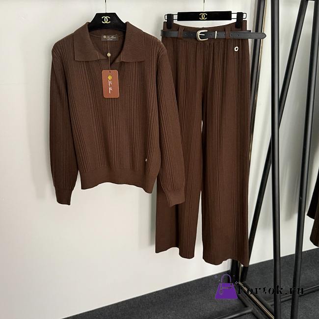 Fortok Loro Piana Knit Suit Polo + high-waist straight pants with belt Brown - 1