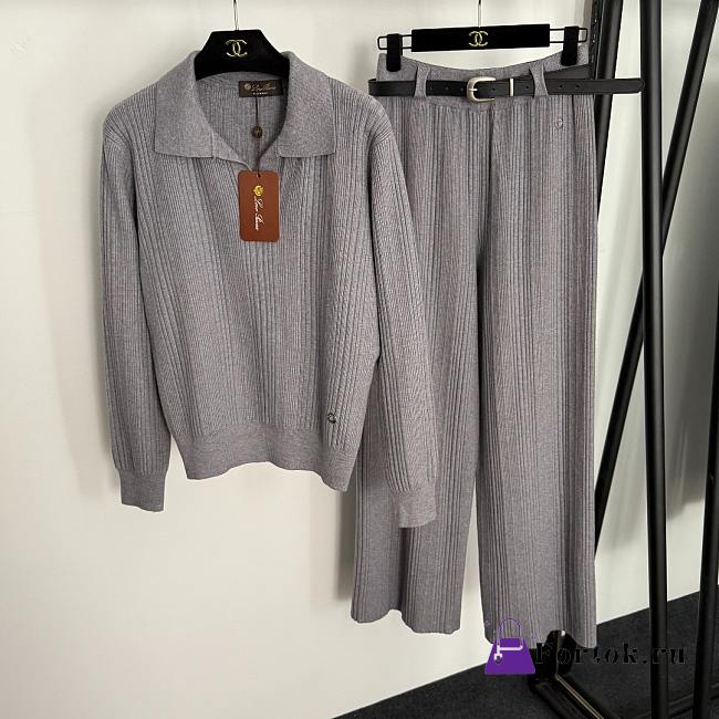 Fortok Loro Piana Knit Suit Polo + high-waist straight pants with belt Grey - 1