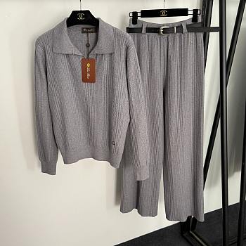Fortok Loro Piana Knit Suit Polo + high-waist straight pants with belt Grey