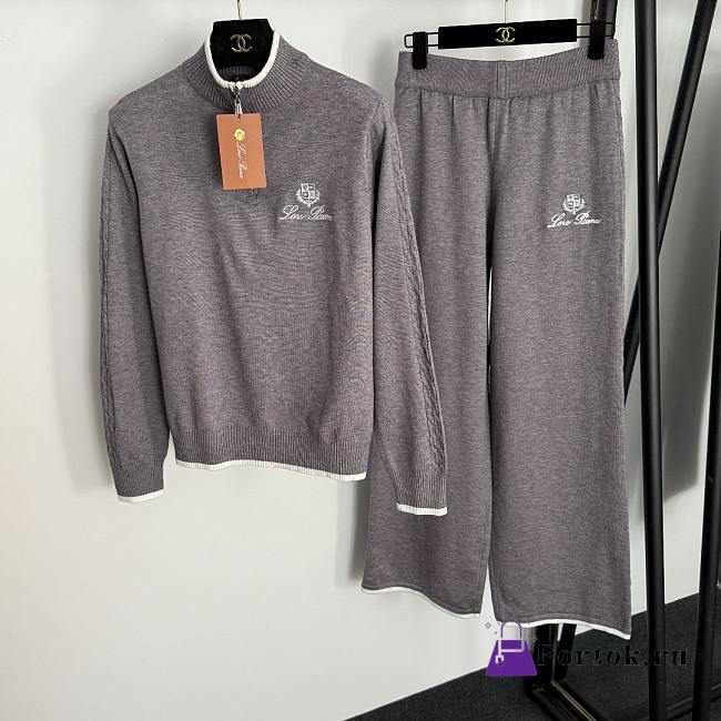 Fortok Loro Piana Knit Suit Sweater Logo + high waist straight pants Grey - 1