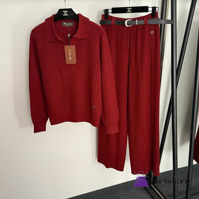 Fortok Loro Piana Knit Suit Sweater Logo + high waist straight pants Red - 1