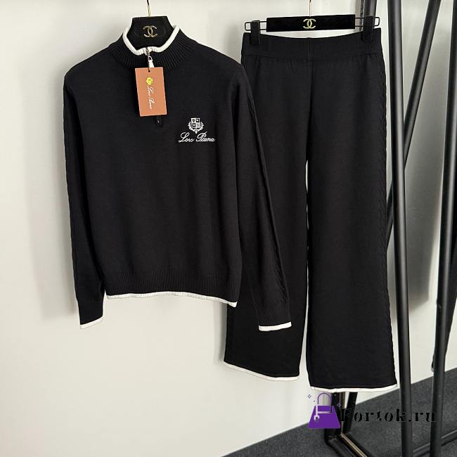 Fortok Loro Piana Knit Suit Sweater Logo + high waist straight pants Black - 1