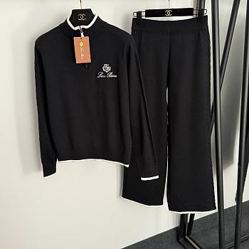 Fortok Loro Piana Knit Suit Sweater Logo + high waist straight pants Black