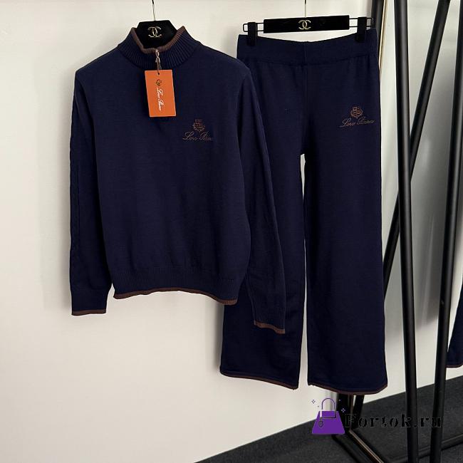 Fortok Loro Piana Knit Suit Sweater Logo + high waist straight pants Navy Blue - 1