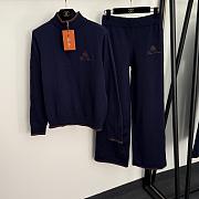 Fortok Loro Piana Knit Suit Sweater Logo + high waist straight pants Navy Blue - 1