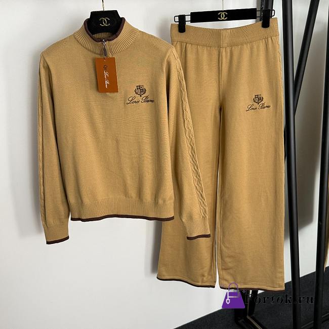 Fortok Loro Piana Knit Suit Sweater Logo + high waist straight pants Brown  - 1