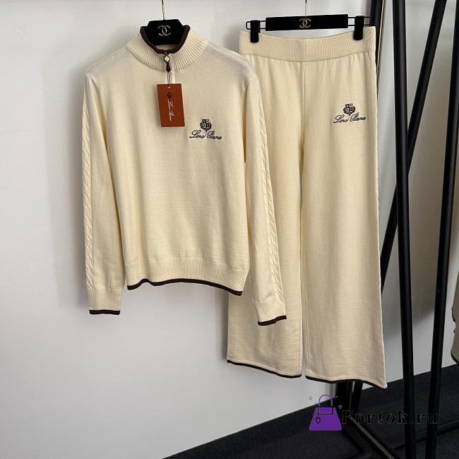 Fortok Loro Piana Knit Suit Sweater Logo + high waist straight pants Cream - 1