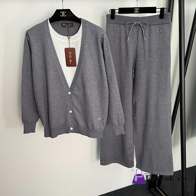 Fortok Loro Piana Knit Suit V-neck long-sleeved Sweater+ high-waisted wide-leg pants Grey - 1