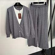 Fortok Loro Piana Knit Suit V-neck long-sleeved Sweater+ high-waisted wide-leg pants Grey - 1