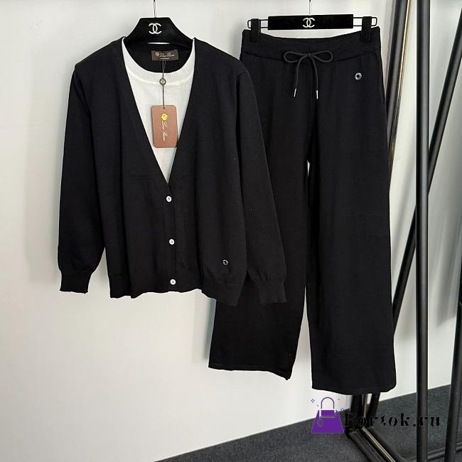 Fortok Loro Piana Knit Suit V-neck long-sleeved Sweater+ high-waisted wide-leg pants Black - 1