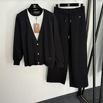 Fortok Loro Piana Knit Suit V-neck long-sleeved Sweater+ high-waisted wide-leg pants Black